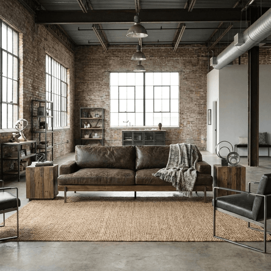 95" Chocolate Top Grain Leather Sofa with Black Legs | Modern Leather Couch in a stylish industrial living room setting.
