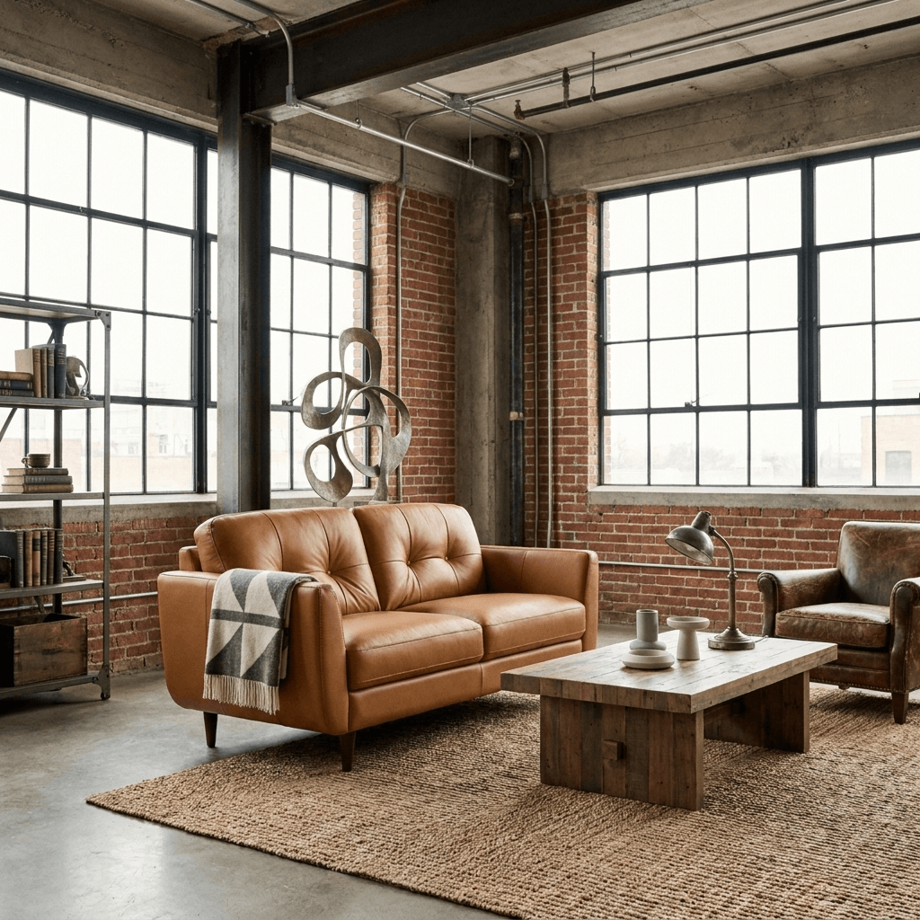 Radwan Midcentury Modern Premium Italian Sofa Leather Loveseat 59" in warm camel tone in a stylish industrial living room.
