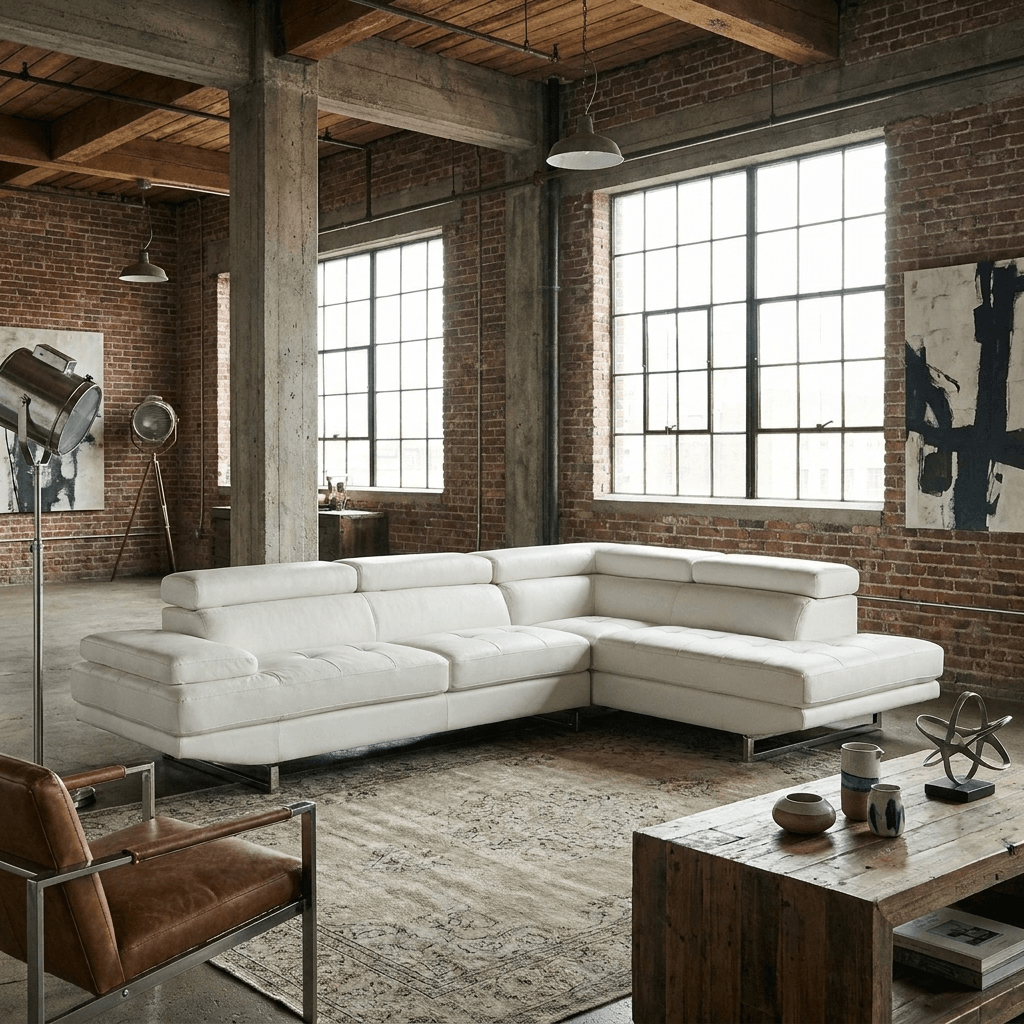 Leather L-Shaped Corner Sectional Sofa 124" | Modern 2-Piece Sectional Couch in a spacious loft setting.