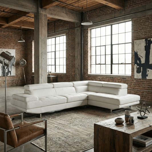 Leather L-Shaped Corner Sectional Sofa 124" | Modern 2-Piece Sectional Couch in a spacious loft setting.