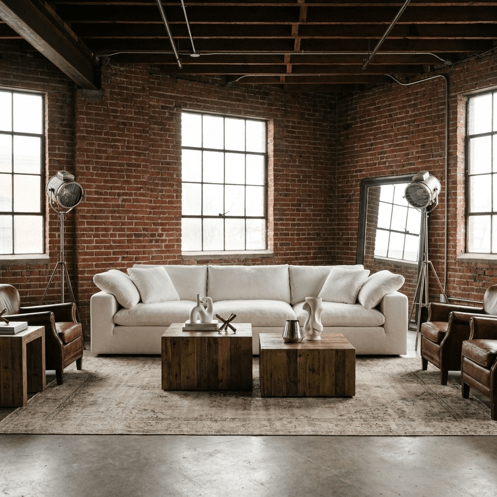 120" Linen Blend Modular Sofa With Toss Pillows | Modern Sectional Couch in a cozy living room with industrial decor.