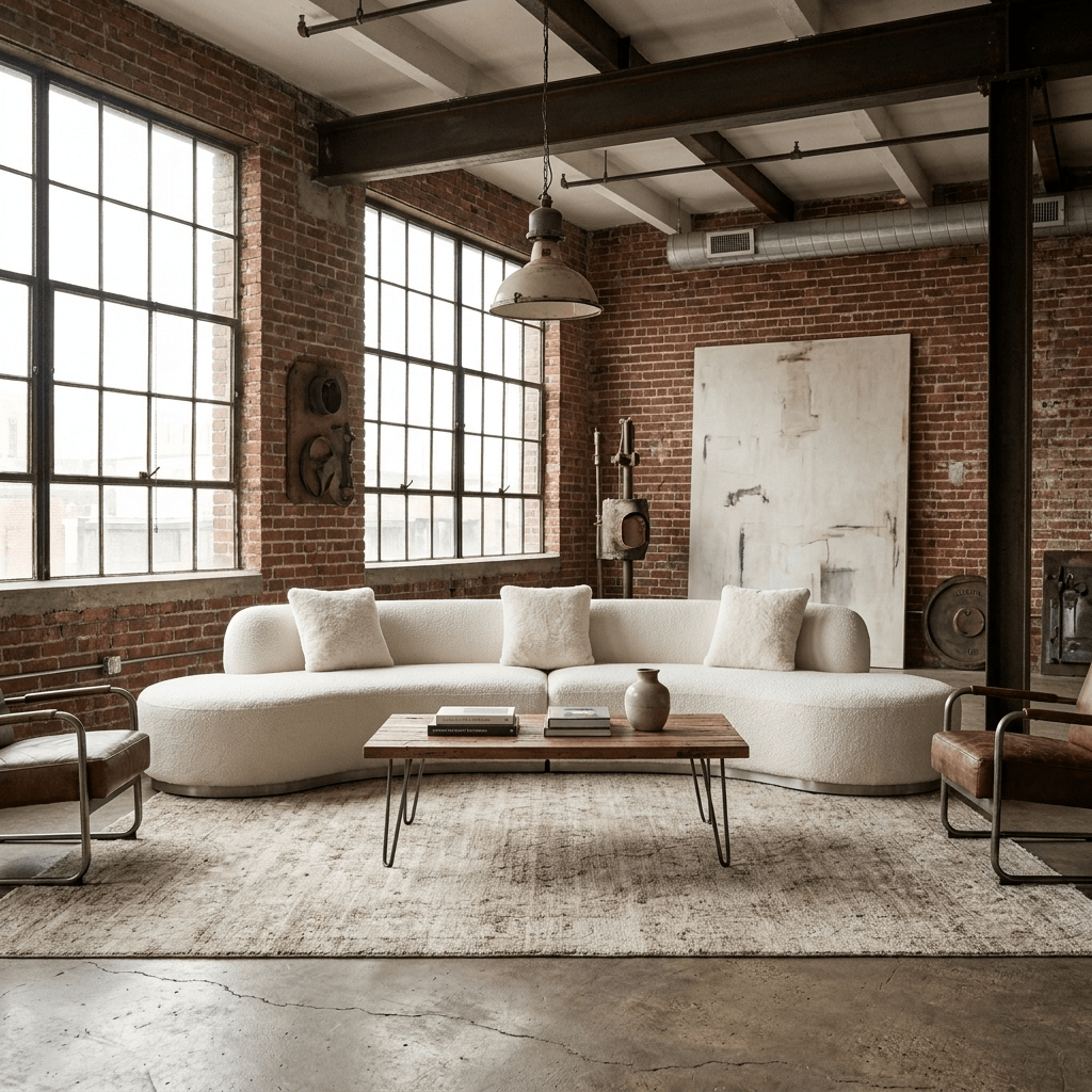 150" Boucle Curved Sofa with Toss Pillows – Modern Armless Design in a stylish living room setting.