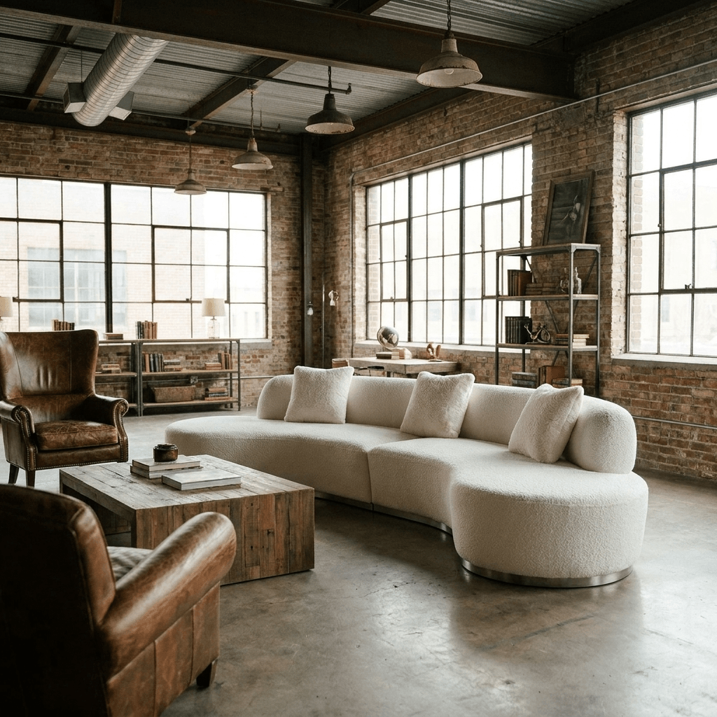 150" Boucle Curved Sofa with Toss Pillows – Modern Armless Design in a stylish industrial living room.