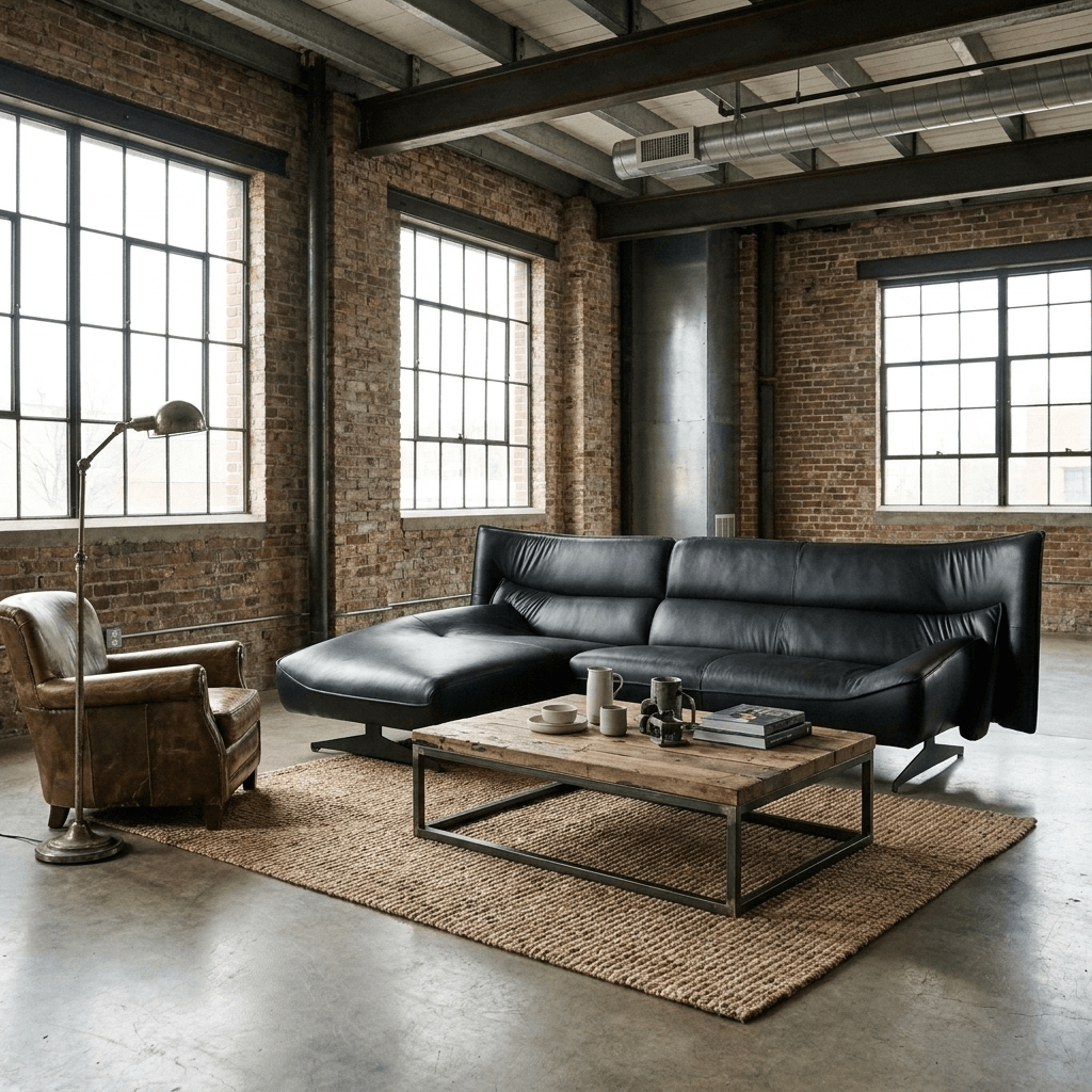 Dark Gray Top Grain Leather Sectional Sofa with Chaise | 113" Modern Sectional in stylish industrial setting.