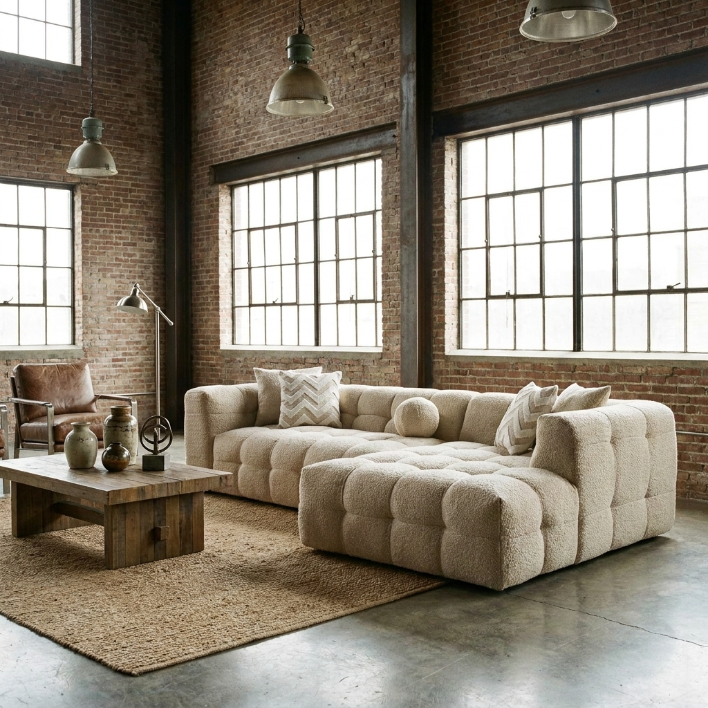Ivory Boucle Right-Facing L-Shaped Sectional Sofa with 5 Toss Pillows 110"
