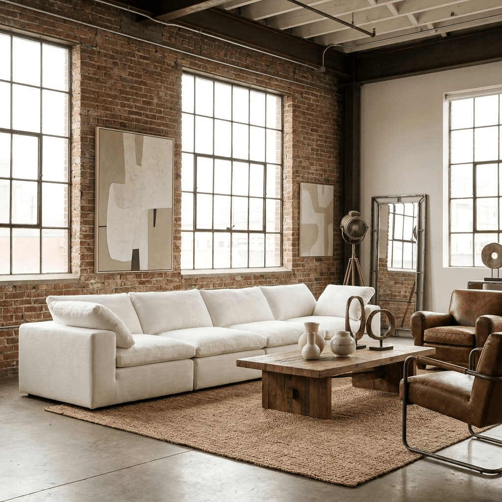 160" White Linen Blend Modular Sofa With Toss Pillows | Oversized Modern Sofa in stylish living room setting.