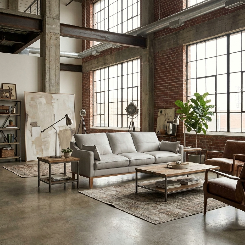 87" Gray Leather Sofa with Toss Pillows & Brown Legs | Modern Leather Sofa in an industrial-style living room.