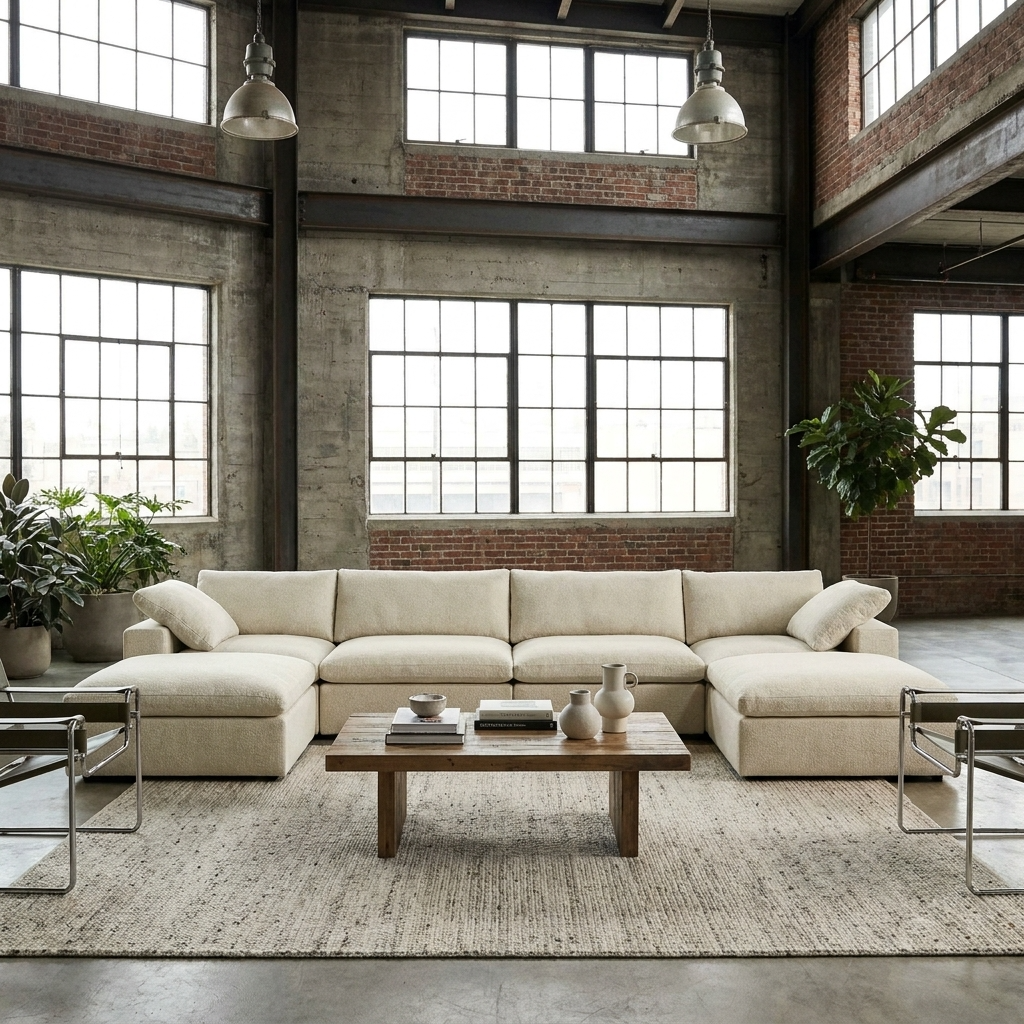 160" Linen Blend Modular Sofa with Storage Ottomans | Oversized U-Shaped Sofa in a modern loft setting.