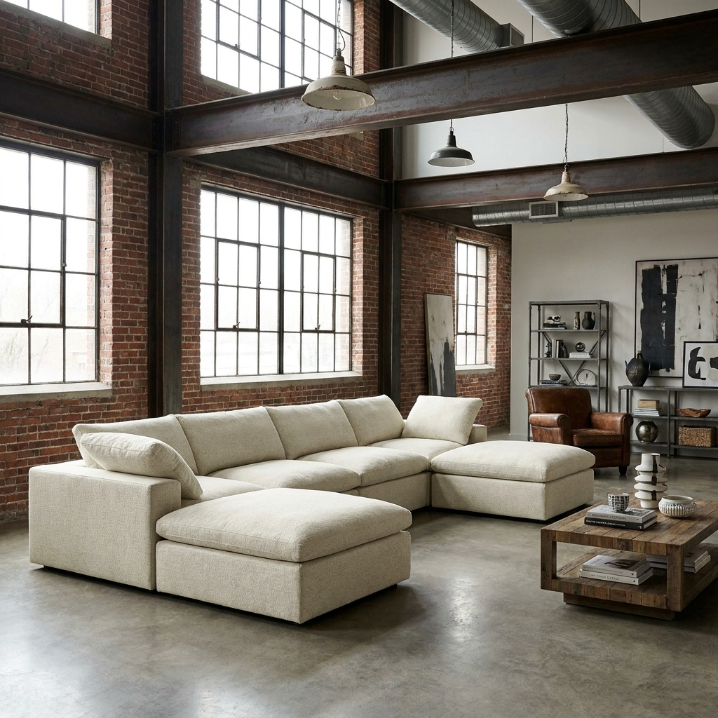 160" Linen Blend Modular Sofa with Storage Ottomans | Oversized U-Shaped Sofa in a modern living space.