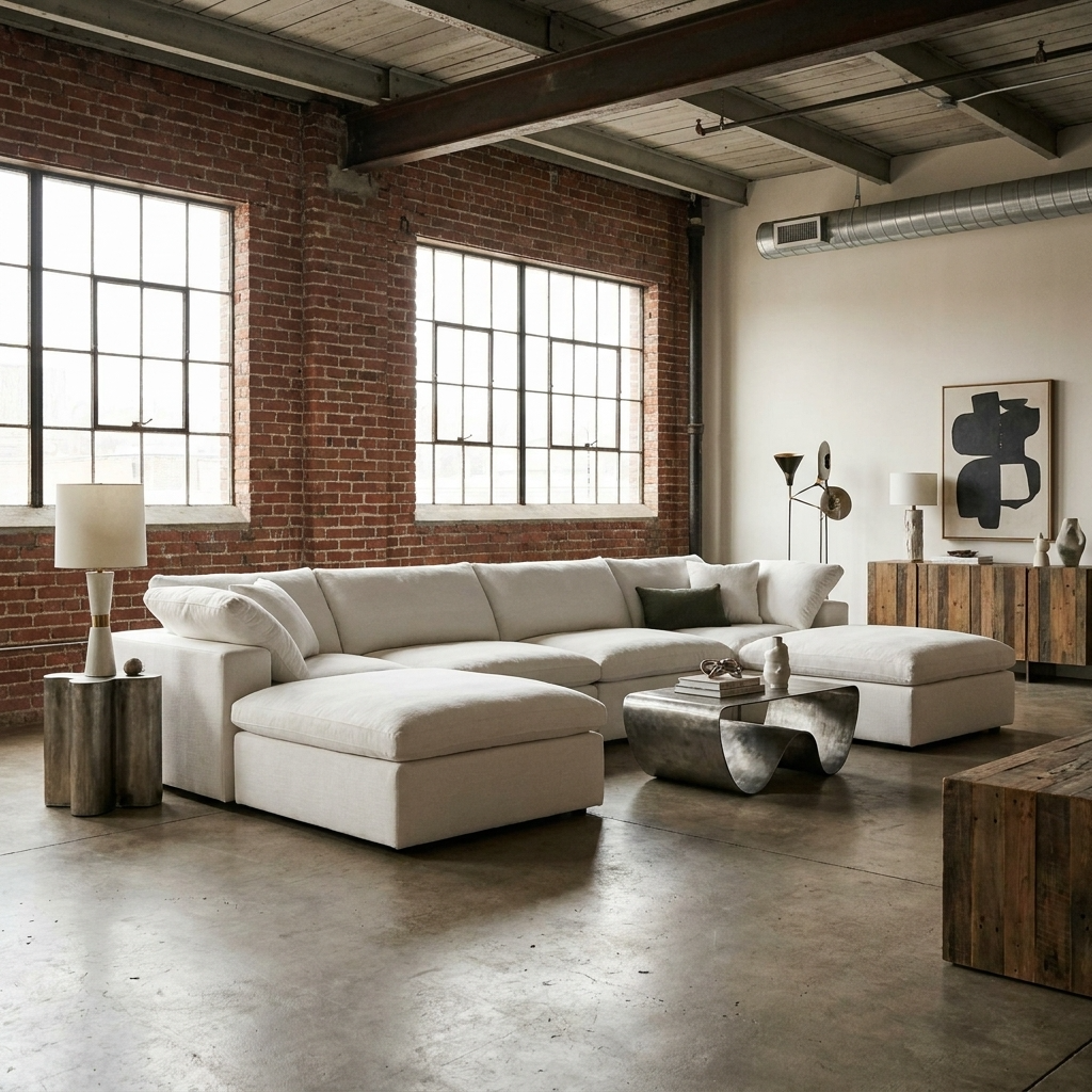 160" Linen Blend Modular Sofa with Storage Ottomans | Oversized U-Shaped Sofa in a stylish modern living room.