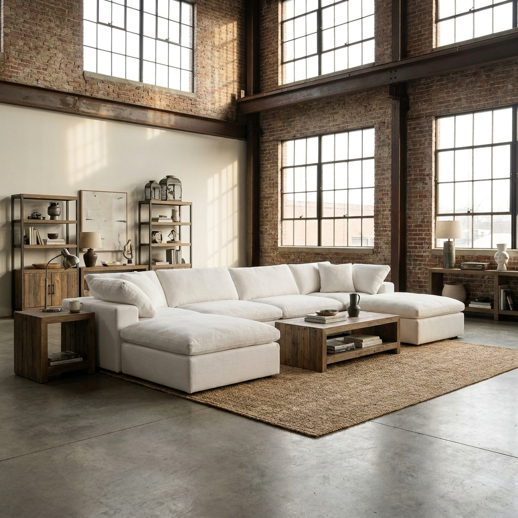 160" Linen Blend Modular Sofa with Storage Ottomans | Oversized U-Shaped Sofa in a modern loft setting.