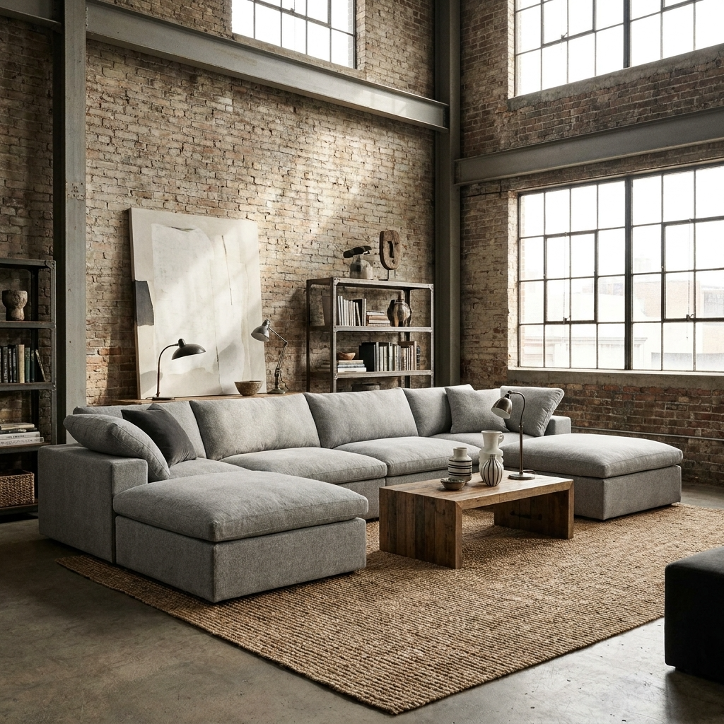 160" Linen Blend Modular Sofa with Storage Ottomans | Oversized U-Shaped Sofa in a modern living space.
