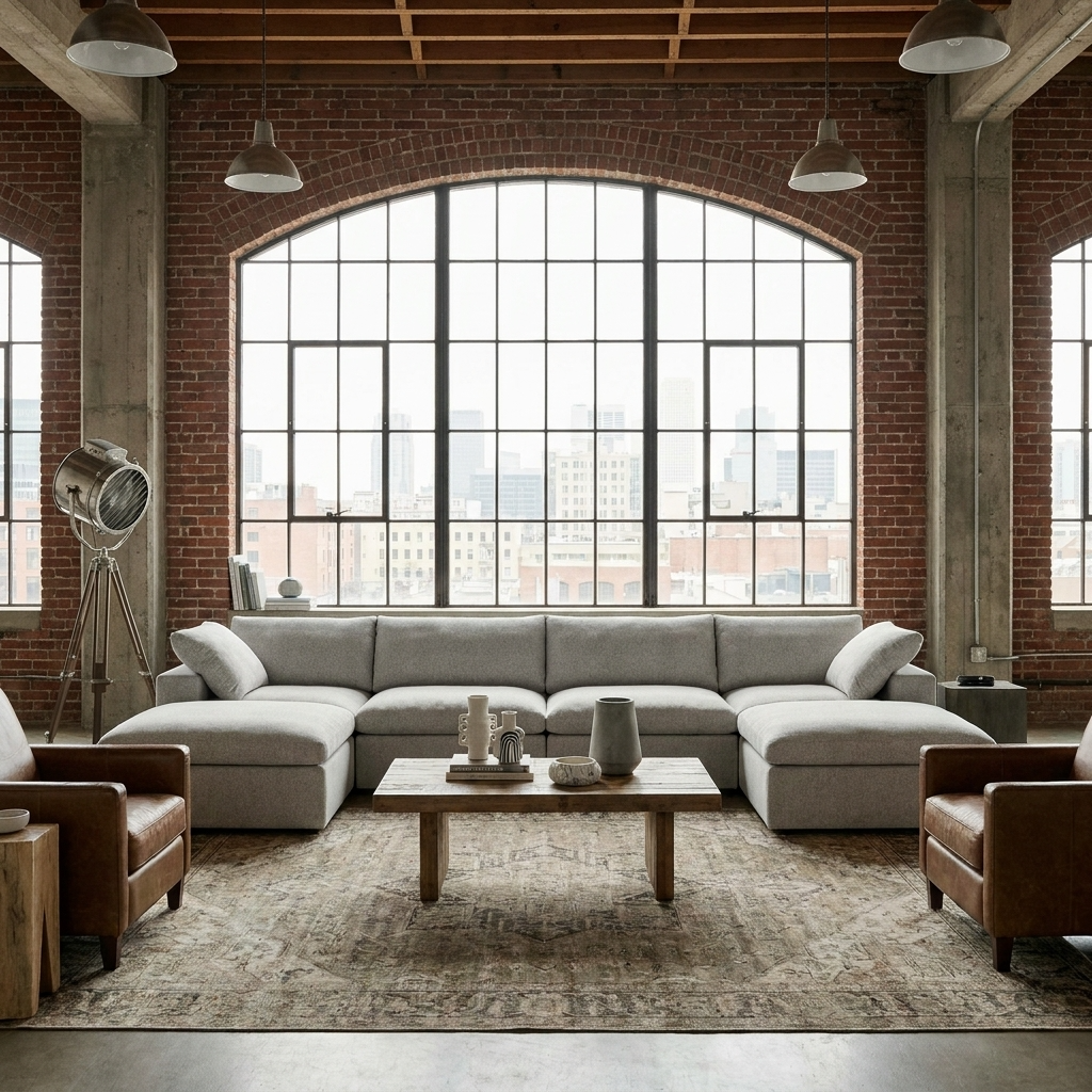160" Linen Blend Modular Sofa with Storage Ottomans | Oversized U-Shaped Sofa in a stylish industrial living room setup.