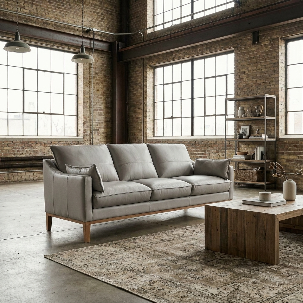 87" Gray Leather Sofa with Toss Pillows & Brown Legs | Modern Leather Sofa in stylish living room setting.