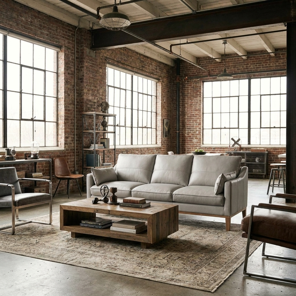 87" Gray Leather Sofa with Toss Pillows & Brown Legs | Modern Leather Sofa in stylish industrial living room setting