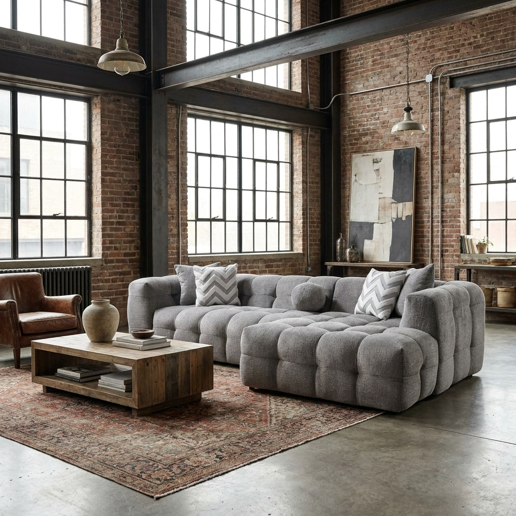 Ivory Boucle Right-Facing L-Shaped Sectional Sofa with 5 Toss Pillows 110"