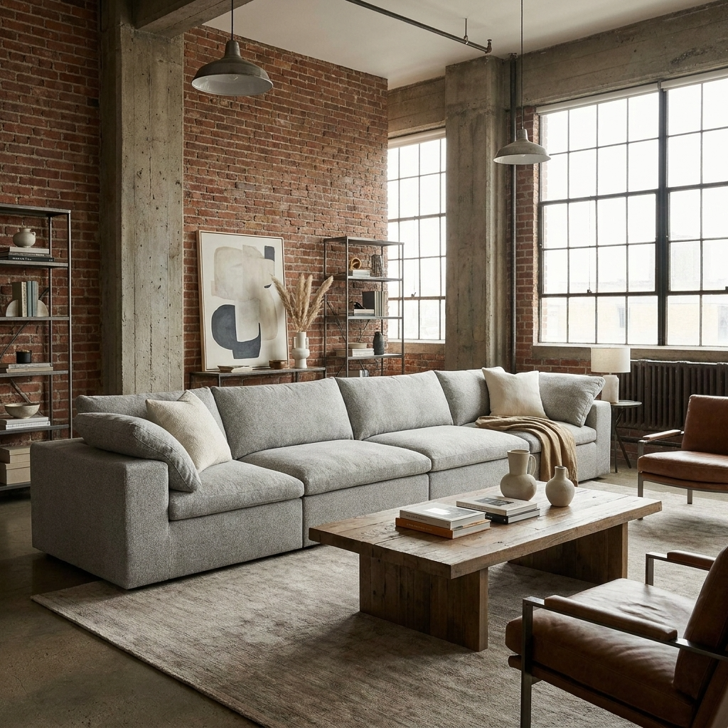 160" White Linen Blend Modular Sofa With Toss Pillows | Oversized Modern Sofa