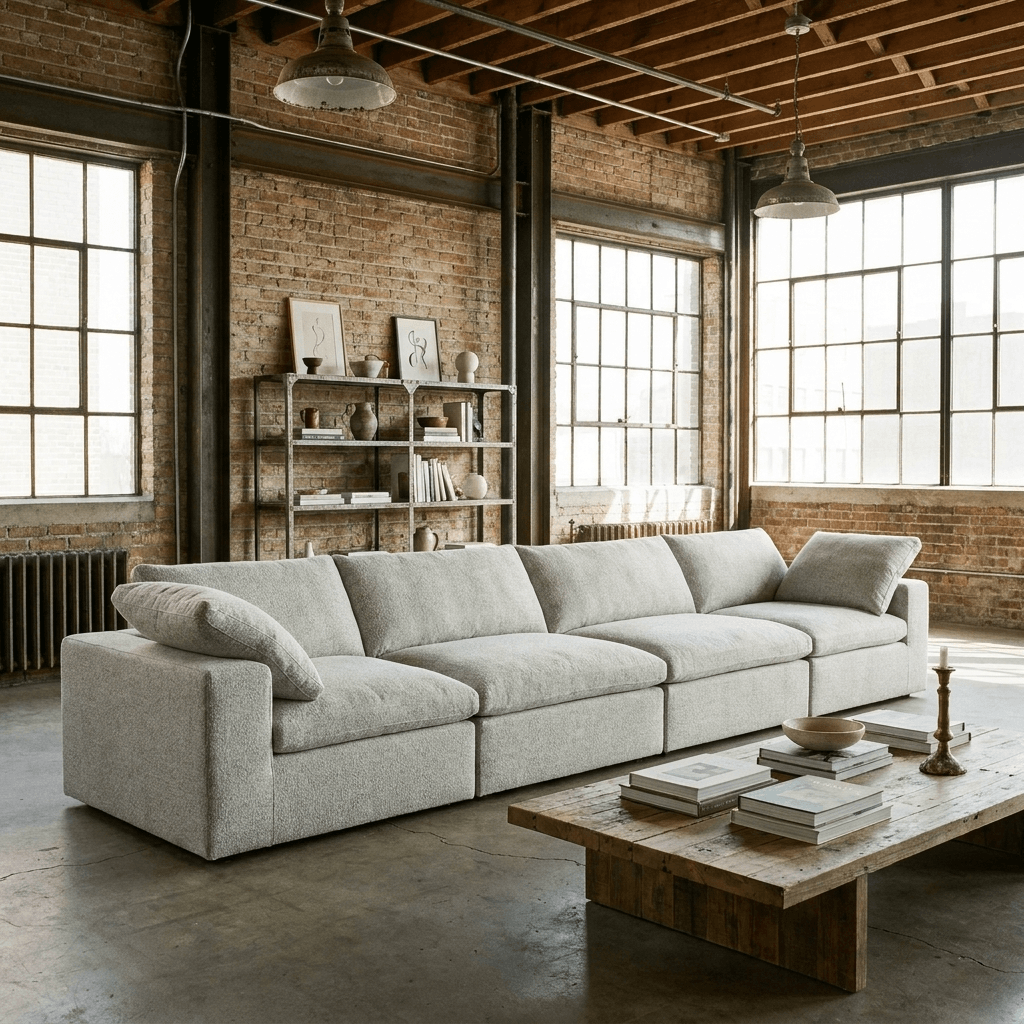 160" White Linen Blend Modular Sofa With Toss Pillows | Oversized Modern Sofa in a stylish urban living space.
