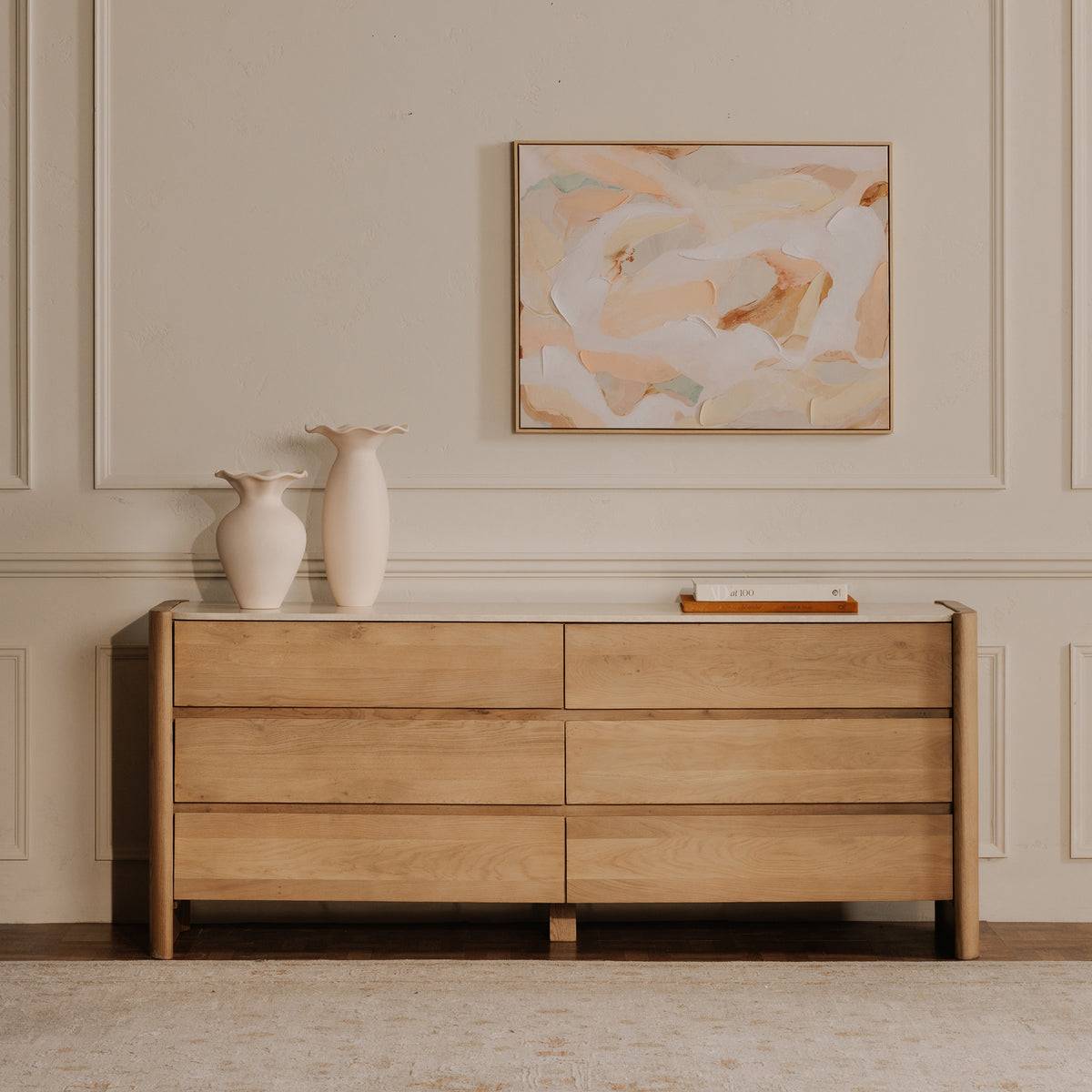 Lane Dresser – 72" Oak and Marble 6-Drawer Dresser (10)