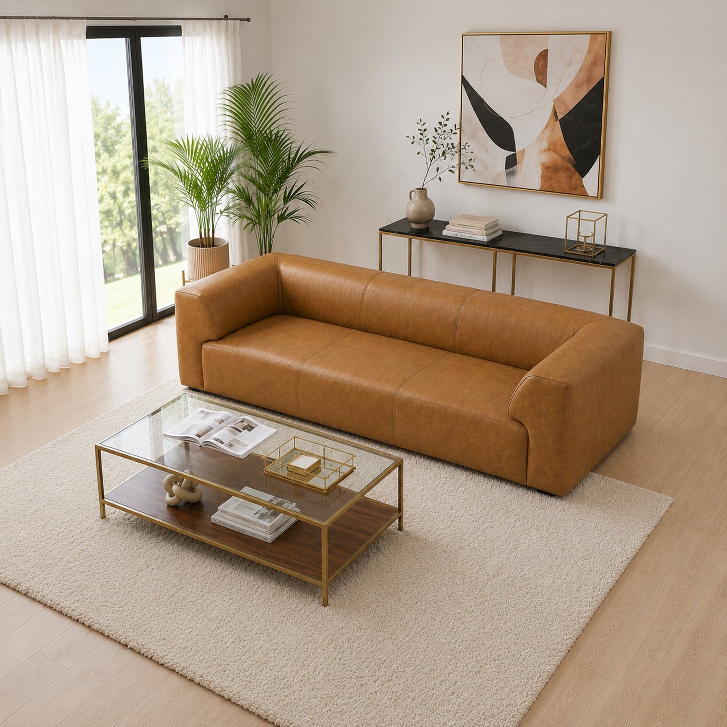 Rialto 105" Tan Top Grain Buffalo Leather Sofa | Modern Luxury 3-Seater