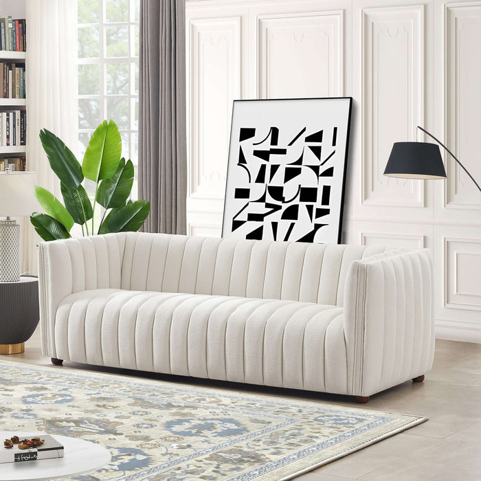 April Channel Tufted Boucle Sofa 86" – Beige Modern Glam Couch in a stylish living room setting.