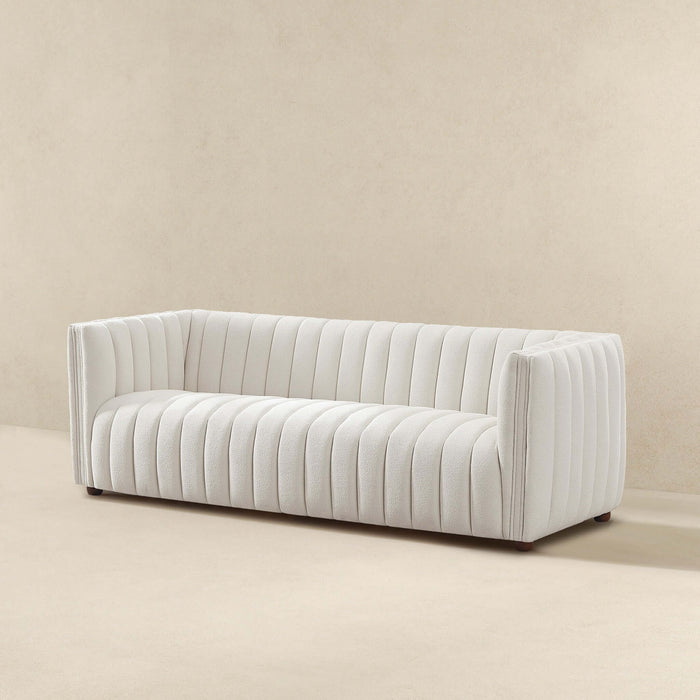 April Channel Tufted Boucle Sofa 86" – Beige Modern Glam Couch with plush seating and channel tufting.