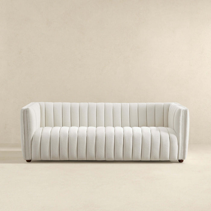 April Channel Tufted Boucle Sofa 86" – Beige Modern Glam Couch with channel tufting and plush seating.