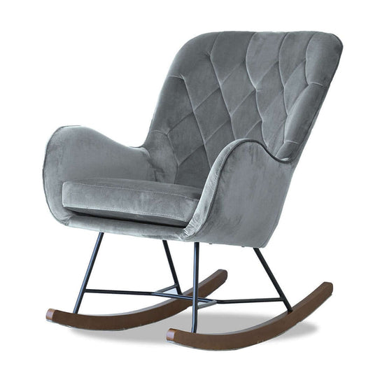 Hannah Tufted Velvet Rocking Chair – Mid-Century Modern Upholstered Rocker (4 Colors, Solid Wood Frame) in gray.