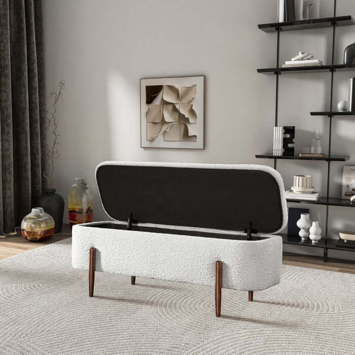 Sarna Lift-Top Ivory Boucle Storage Bench 48" – in room setting