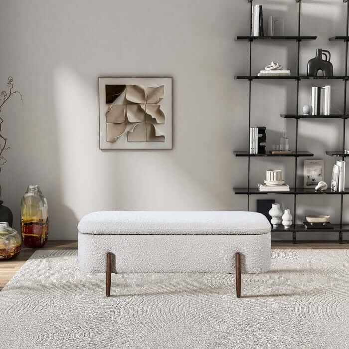 Sarna Lift-Top Ivory Boucle Storage Bench 48" – Modern Upholstered Bench with Hidden Storage in stylish living room.