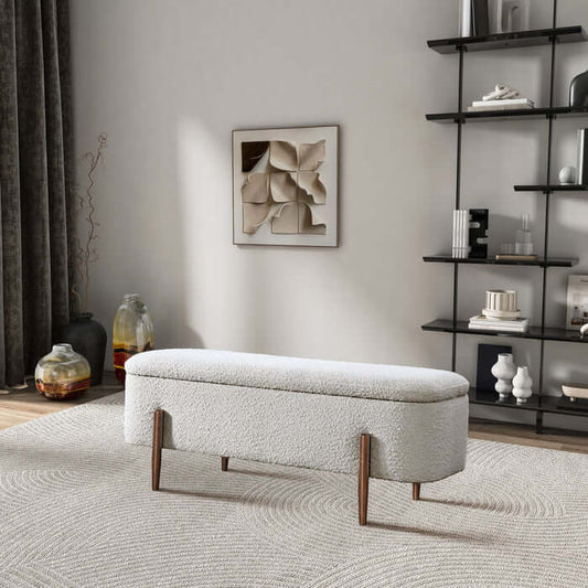 Sarna Lift-Top Ivory Boucle Storage Bench 48" – Modern Upholstered Bench with Hidden Storage in a stylish room.