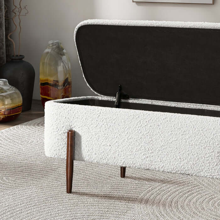 Sarna Lift-Top Ivory Boucle Storage Bench 48" – Modern Upholstered Bench with Hidden Storage with lift-top open.
