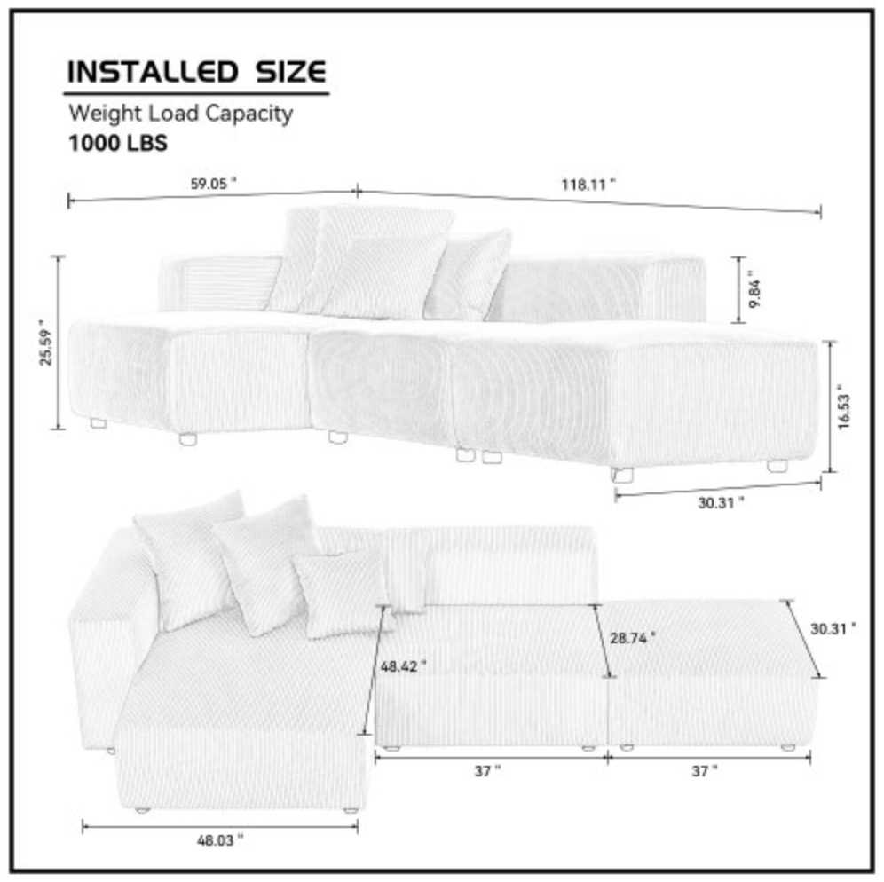 Soft Corduroy Sectional Modular Sofa 3 or 4 Piece Set, Gray or Beige - Revel Sofa 