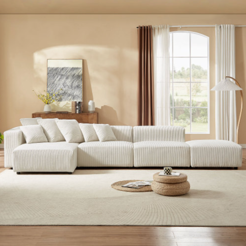 Soft Corduroy Sectional Modular Sofa 3 or 4 Piece Set, Gray or Beige - Revel Sofa 