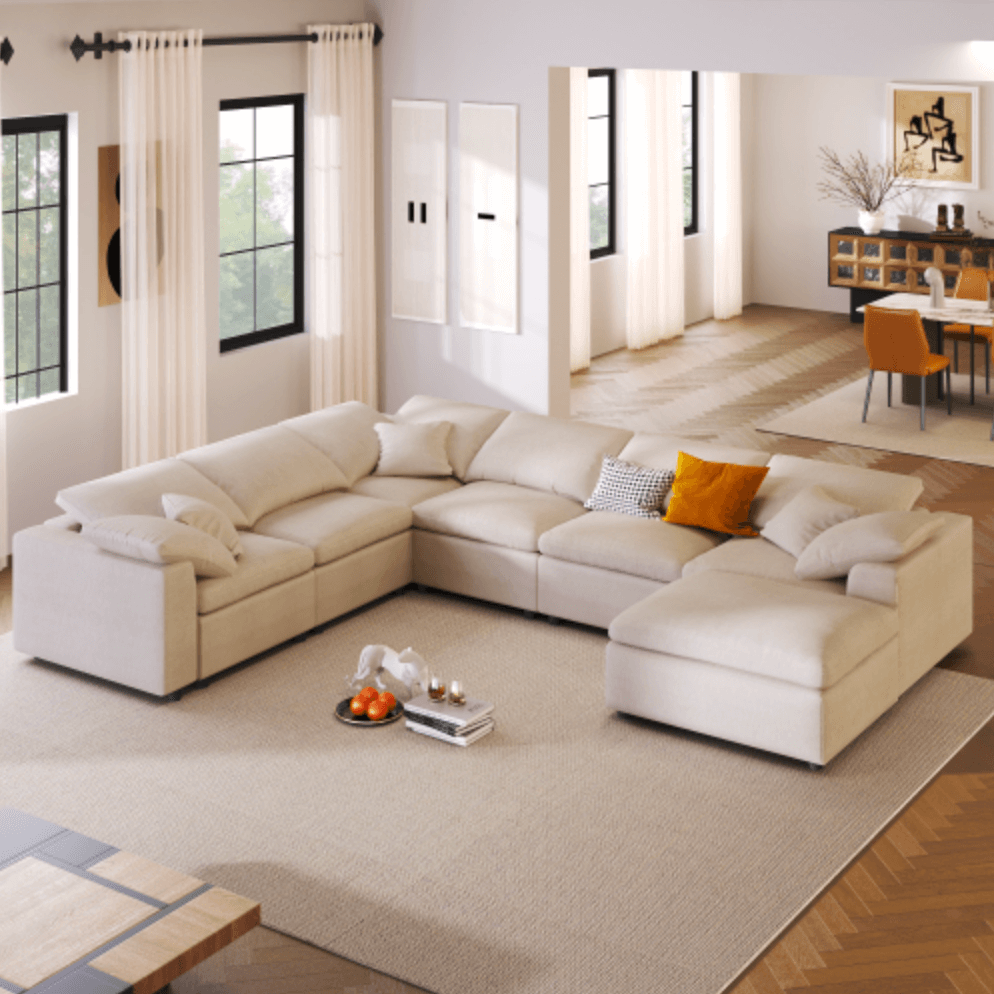 Modern Low Profile Modular U-Shaped Sectional Sofa with Ottoman in Gray or Beige 129" - Revel Sofa 
