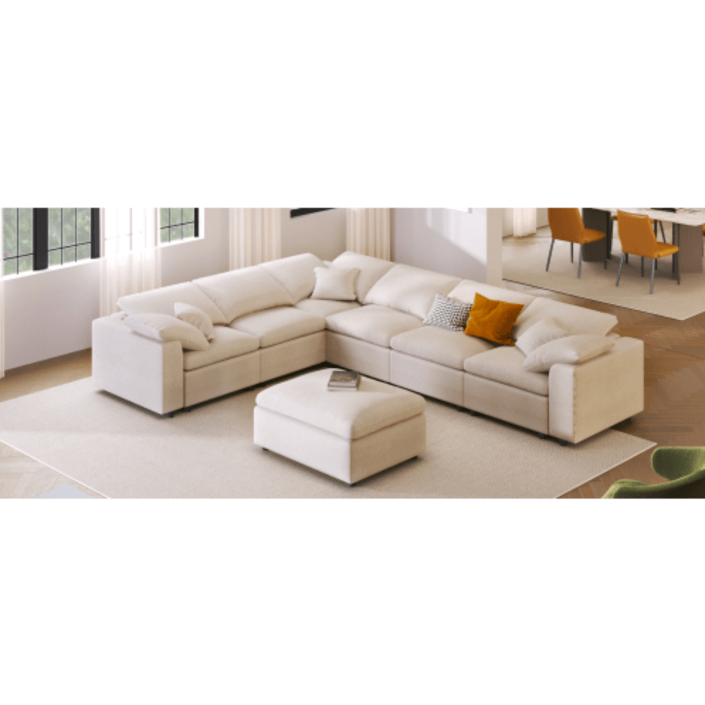 Modern Low Profile Modular U-Shaped Sectional Sofa with Ottoman in Gray or Beige 129" - Revel Sofa 