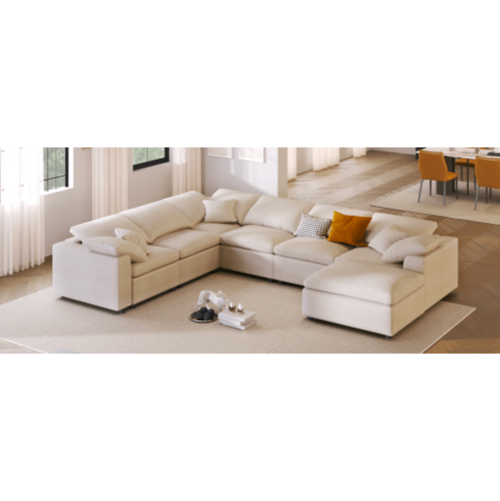 Modern Low Profile Modular U-Shaped Sectional Sofa with Ottoman in Gray or Beige 129" - Revel Sofa 