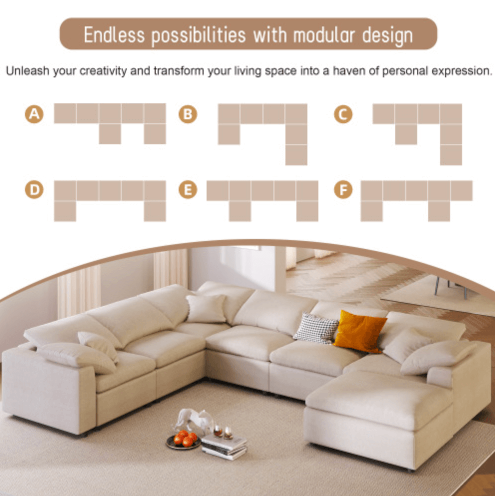 Modern Low Profile Modular U-Shaped Sectional Sofa with Ottoman in Gray or Beige 129" - Revel Sofa 