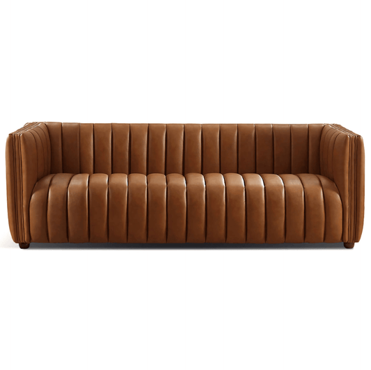 April Channel Tufted Sofa in Genuine Leather or Beige Boucle 86" - Revel Sofa 