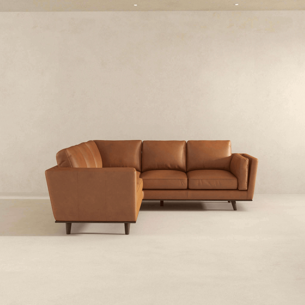 Erman MCM Genuine Leather Corner Sofa Sectional 89" – Mid-Century Modern Leather Sectional in a minimalist living room.
