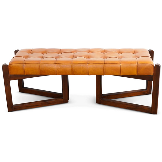 Riley MCM Button Tufted Genuine Leather Wood Base Bench 52" - Revel Sofa
