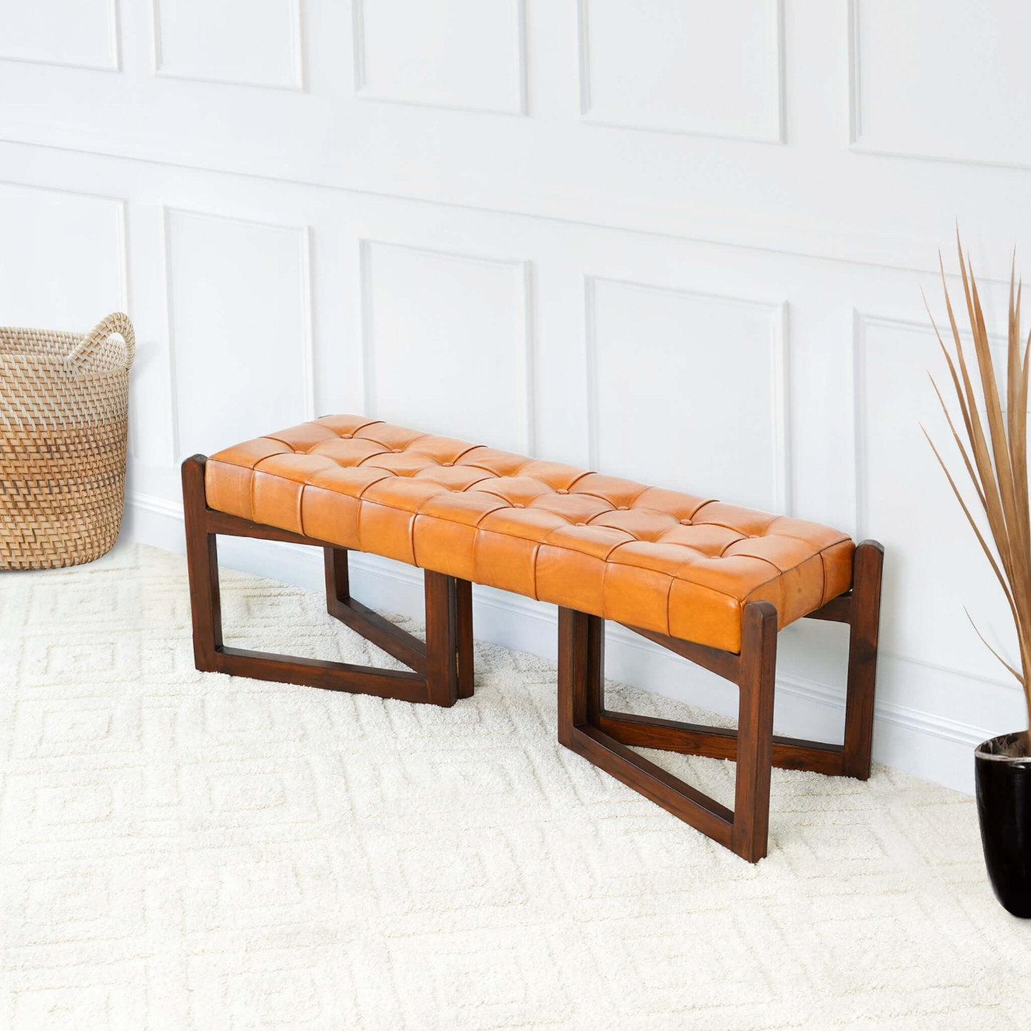 Riley MCM Button Tufted Genuine Leather Wood Base Bench 52" - Revel Sofa 