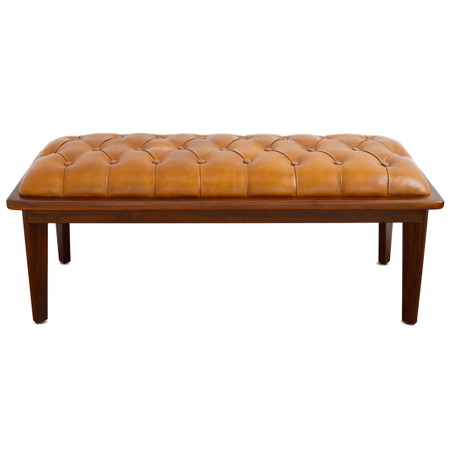Arden MCM Button Tufted Genuine Leather Wood Base Bench 49" - Revel Sofa 