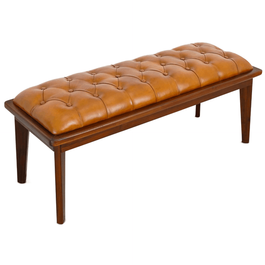 Arden MCM Button Tufted Genuine Leather Wood Base Bench 49" - Revel Sofa