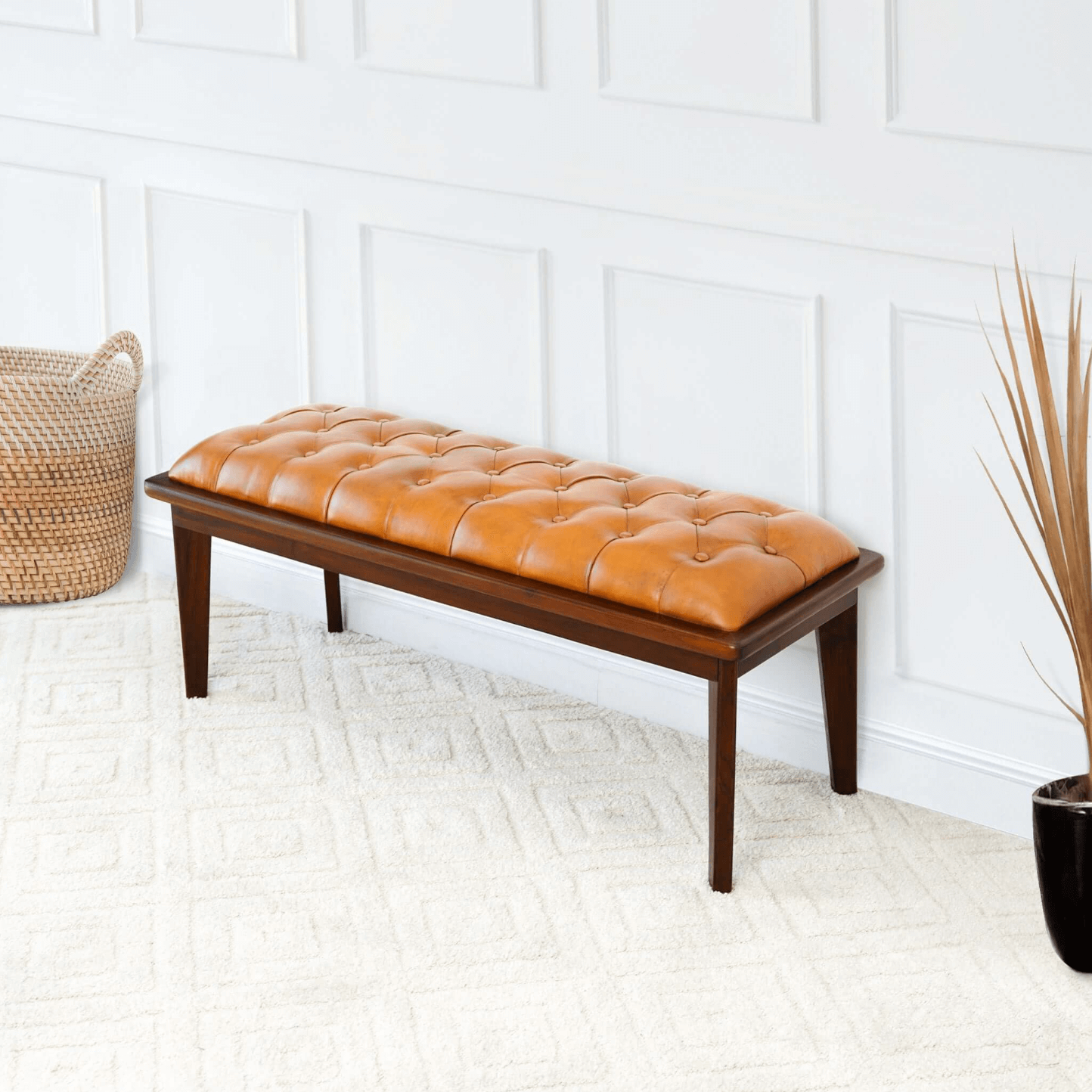 Arden MCM Button Tufted Genuine Leather Wood Base Bench 49" - Revel Sofa 