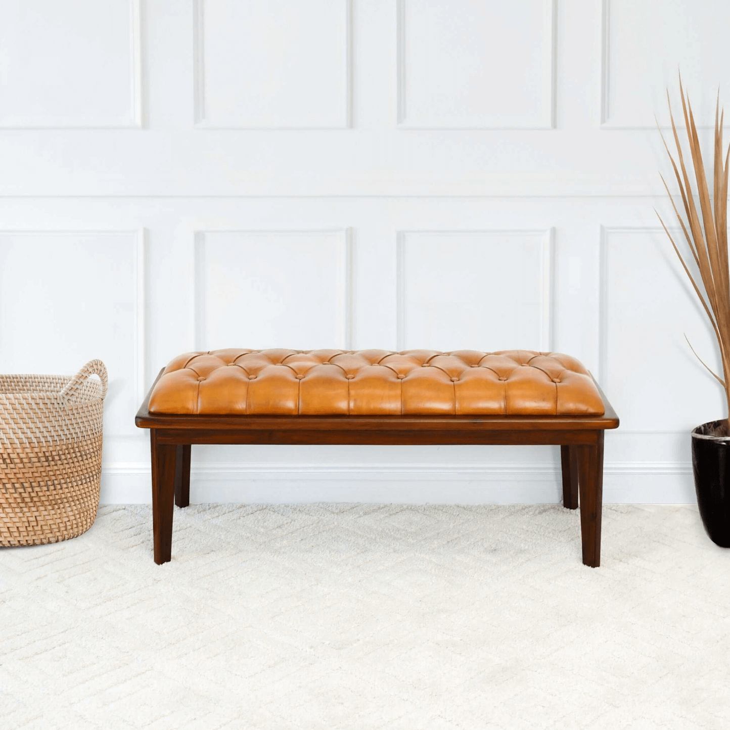 Arden MCM Button Tufted Genuine Leather Wood Base Bench 49" - Revel Sofa 