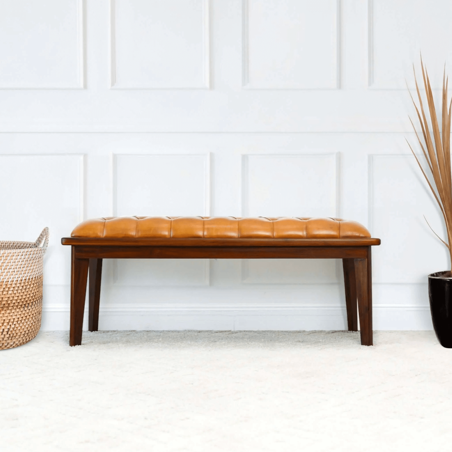 Arden MCM Button Tufted Genuine Leather Wood Base Bench 49" - Revel Sofa 