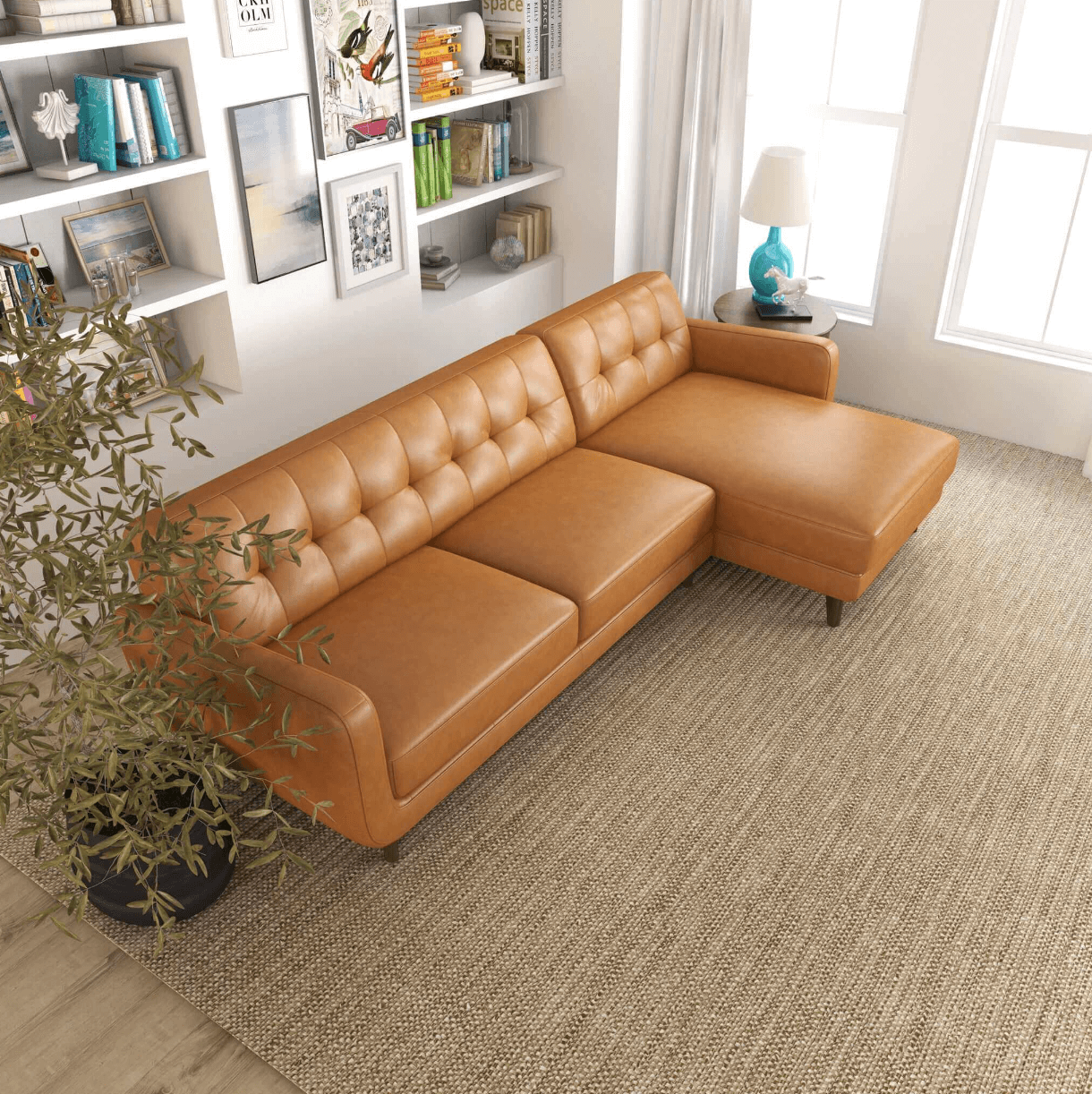 Allison MCM Style Genuine Leather Sectional Sofa with Chaise 113" - Revel Sofa 