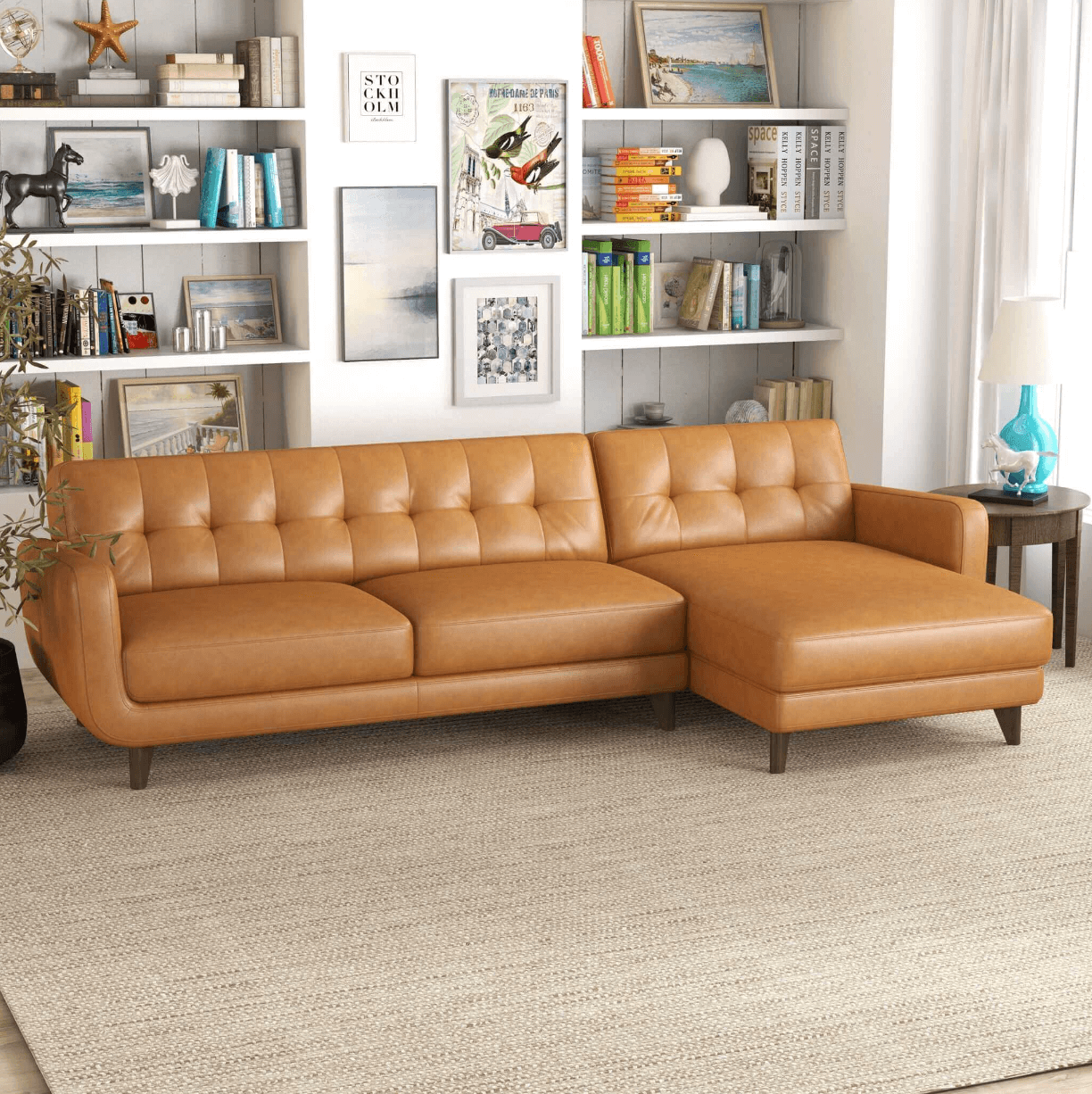 Allison MCM Style Genuine Leather Sectional Sofa with Chaise 113" - Revel Sofa 