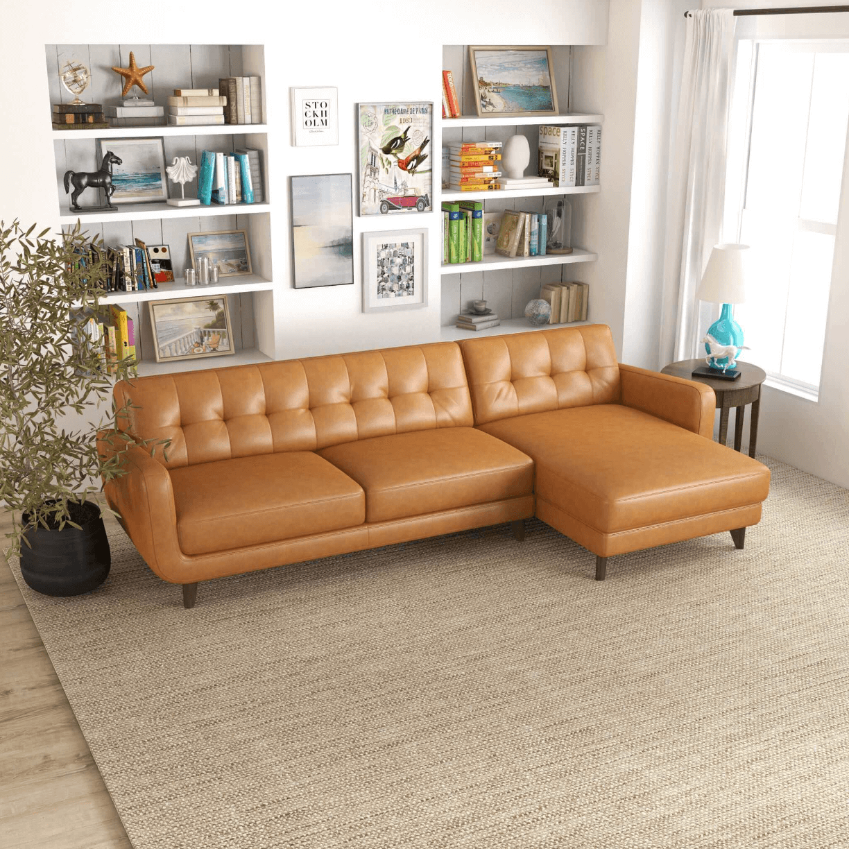 Allison MCM Style Genuine Leather Sectional Sofa with Chaise 113" - Revel Sofa 